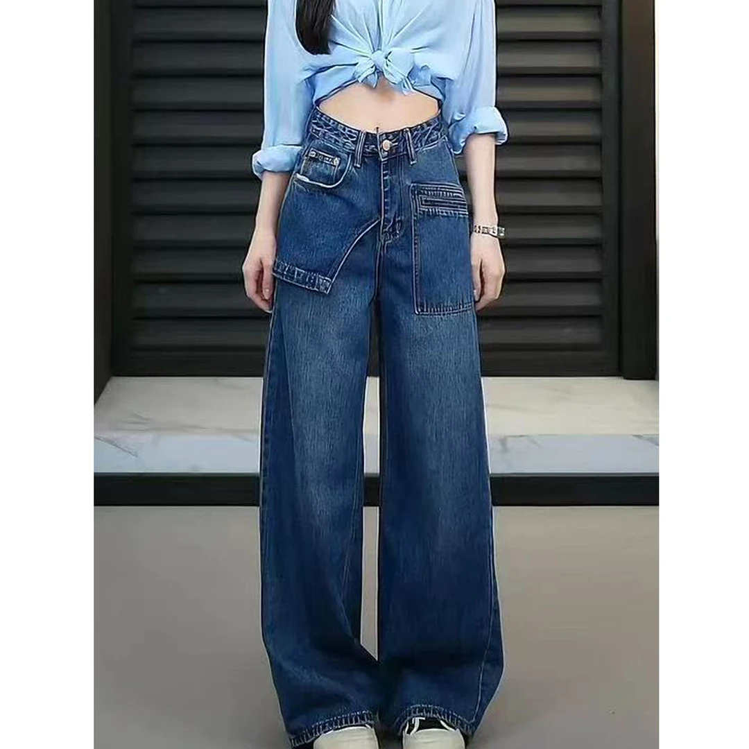 假两件设计阔腿牛仔裤女2025秋季新款美式大码显瘦长裤宽松弯刀裤