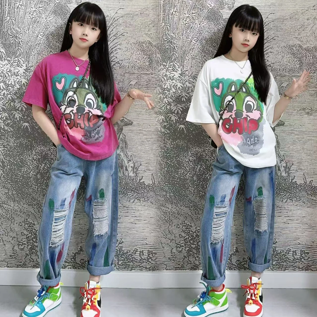 女童夏装短袖宽松上衣新款中大童洋气小女孩松鼠印花圆领正肩T恤