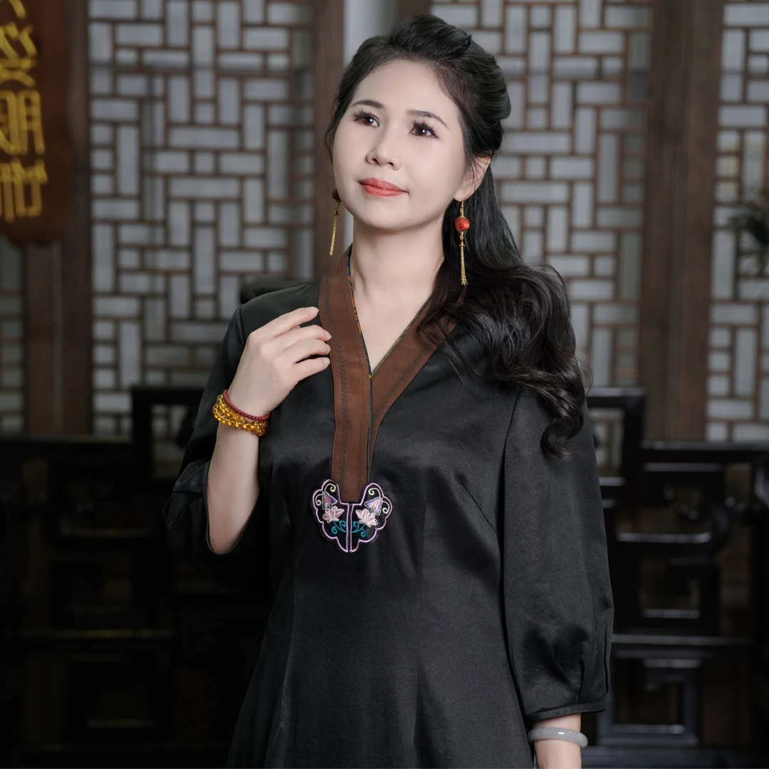 祥安姿服饰M【吉祥】新中式V领拼接撞色国风气质连衣裙 G522417-1