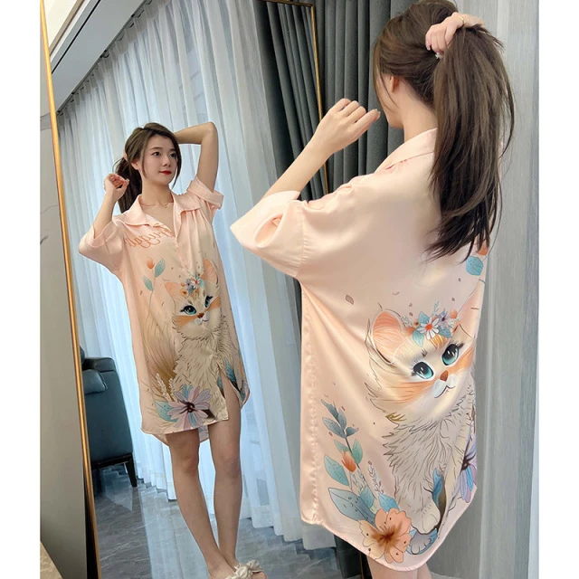 夏季睡衣女款2025新款性感冰雪丝睡裙套装高级感薄款衬衫裙家居服