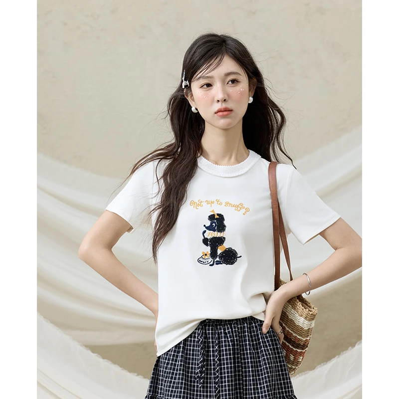 【年中大促】谜秀新品米杏色狗狗刺绣T恤女蕾丝圆领短袖上衣夏薄