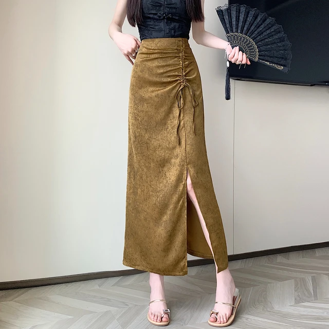 十三行直播女装2025年夏季款时尚新中式复古抽绳高腰中长款半身裙