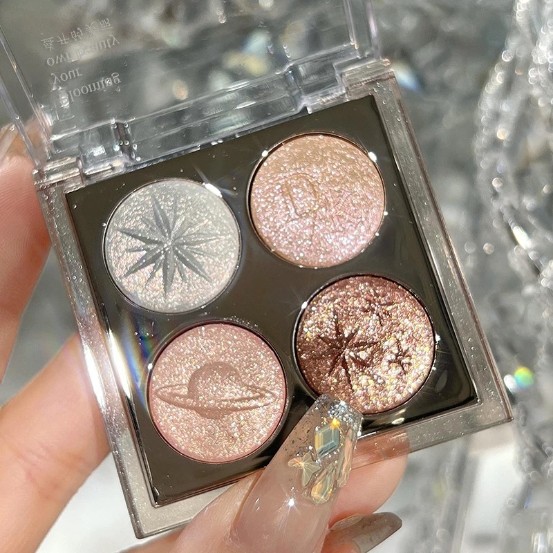 新款四色星空眼影盘珠光爆闪碎钻亮晶晶粉紫棕色系眼妆学生党平价