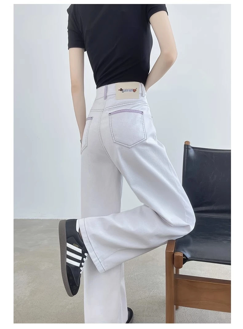紫罗兰阔腿牛仔裤女夏季薄款垂感高腰显瘦拖地撞色明线休闲直筒裤