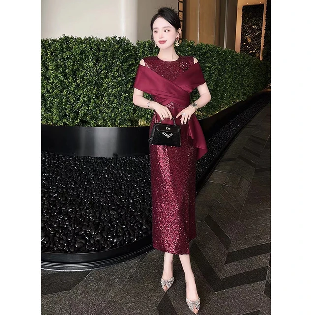 夏重工闪闪亮片修身披肩拼接优雅婚礼喜婆婆喜妈妈礼服高贵连衣裙