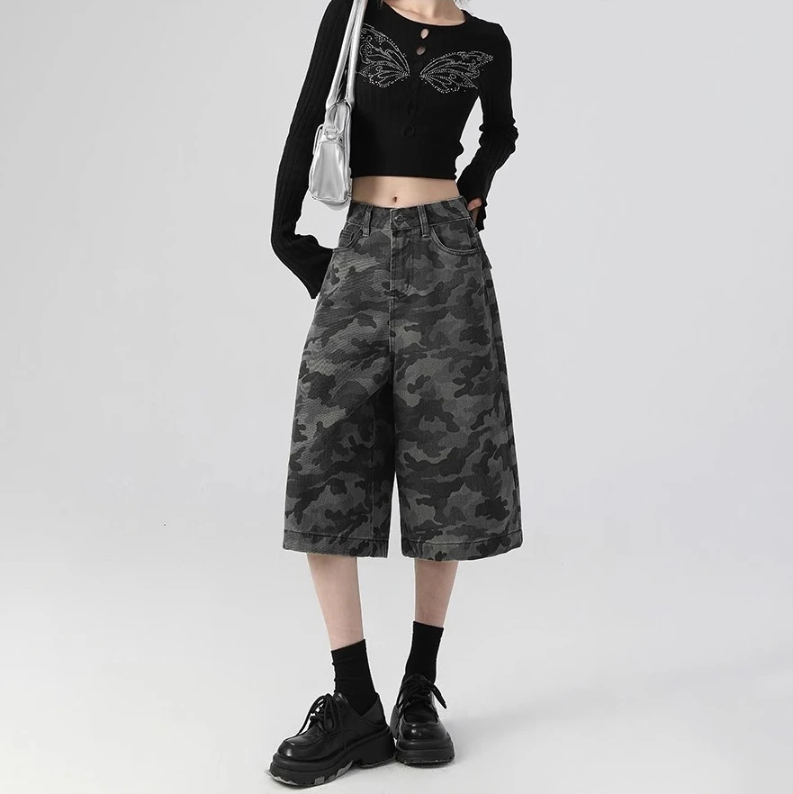 2025迷彩七分阔腿百搭高腰牛仔裤夏季新款小个子美式直筒中裤短裤