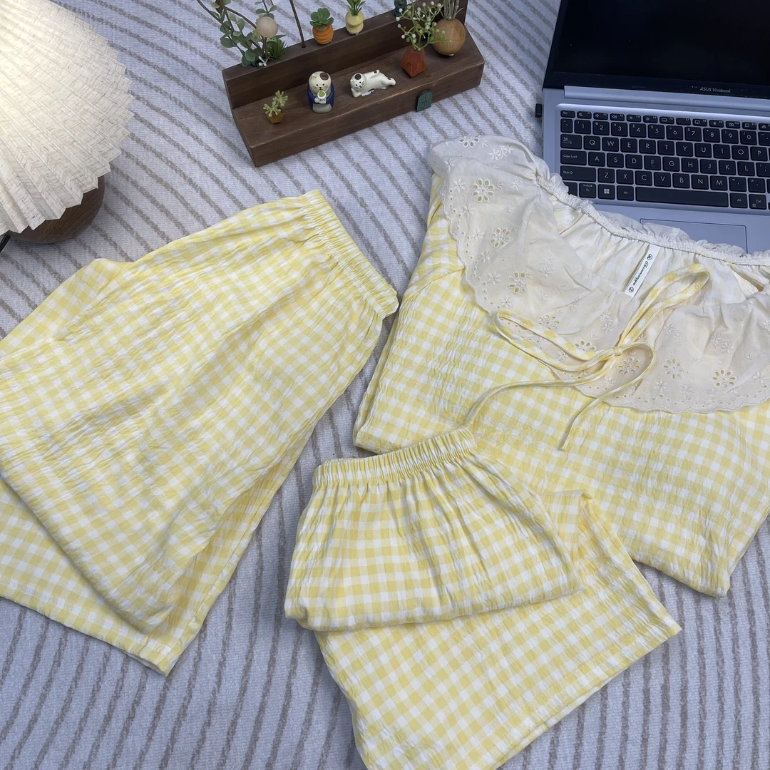 甜美格子睡衣女三件套装短袖花边设计春夏季薄款家居服学生少女风
