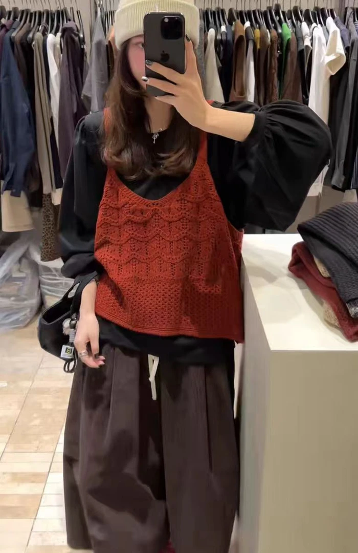 简约时尚圆领长袖t恤镂空针织背心两件套上衣女2025秋季新款女装