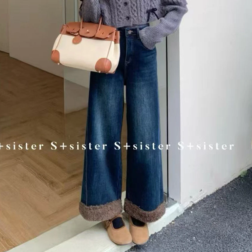 【肉思RS】S+sister家2209大码女装显瘦加绒保暖宽松阔腿九分牛仔裤