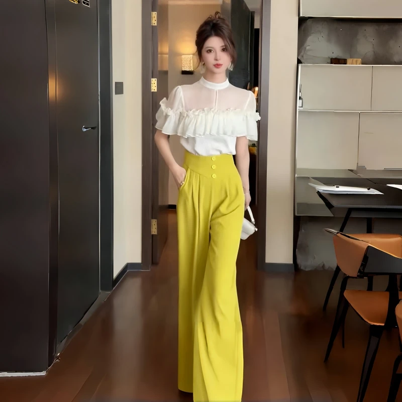 垂感阔腿裤套装短袖显瘦气质雪纺衬衫高腰轻奢百搭夏季垂感直筒裤