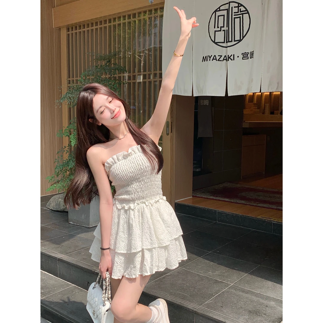温柔甜美风别致抹胸裙连衣裙女小个子夏季辣妹收腰显瘦初恋短裙子
