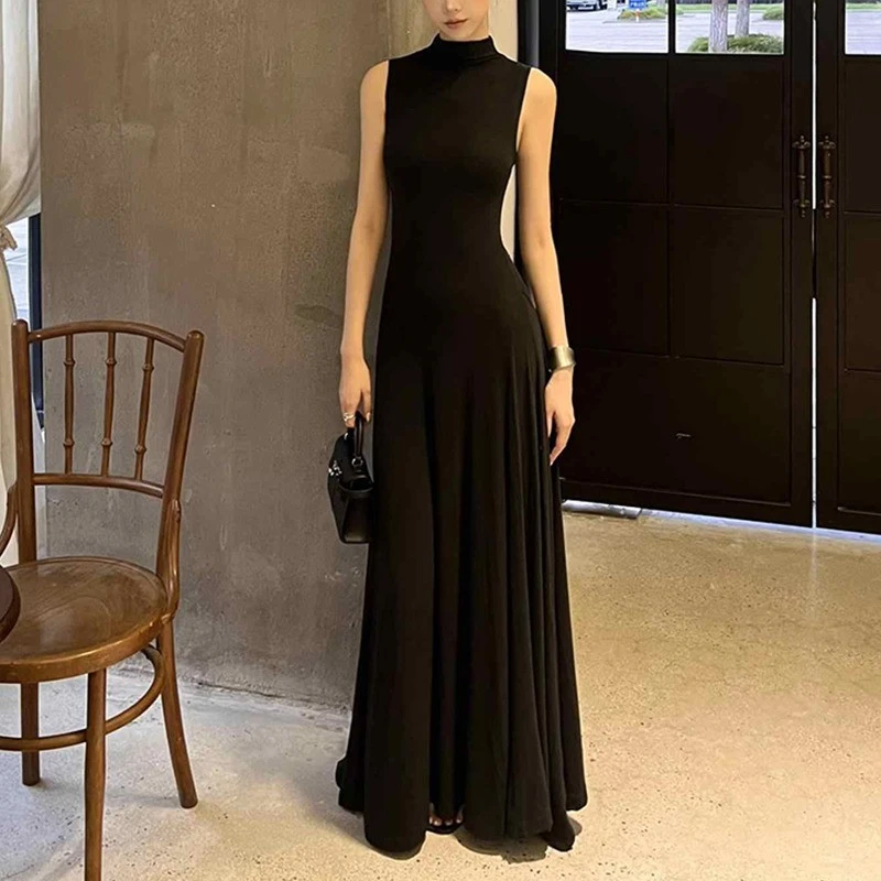 微胖法式高级感无袖立领背心连衣裙女秋纯欲气质收腰黑色A字长裙
