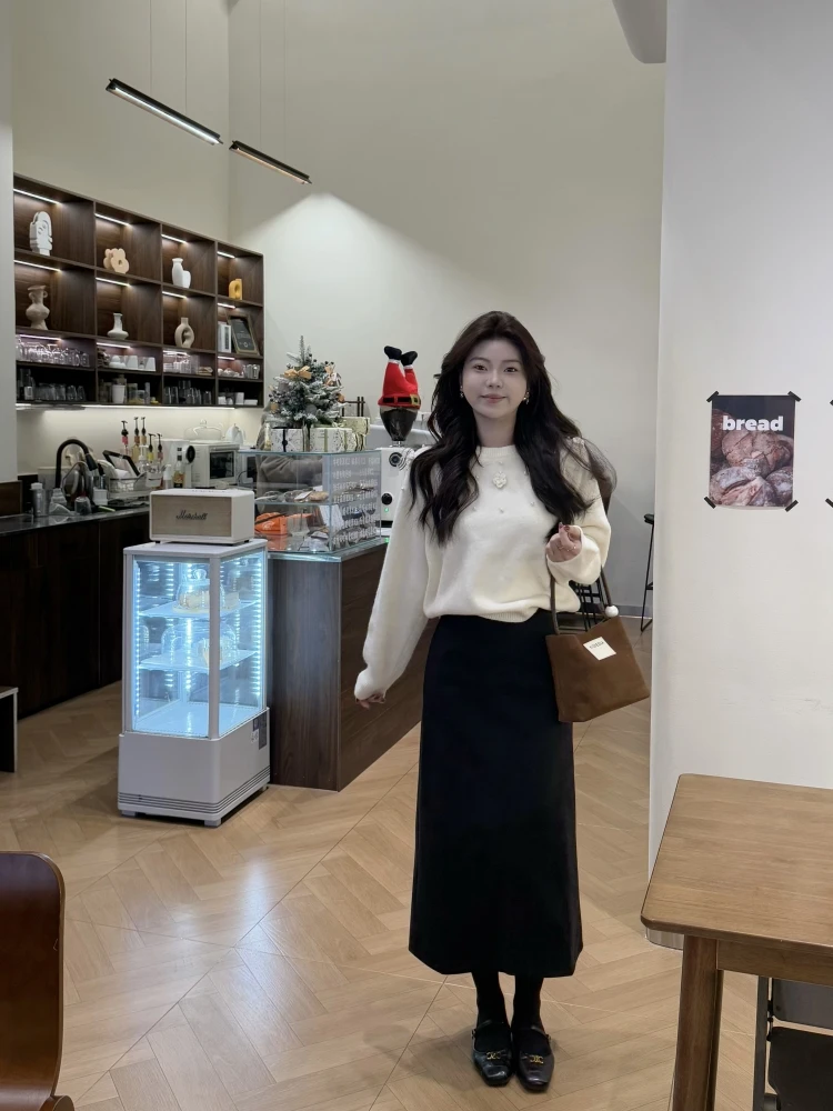 【黄昏咖啡馆】法式气质黑色加绒半身裙冬季松紧腰后开叉显瘦中长裙