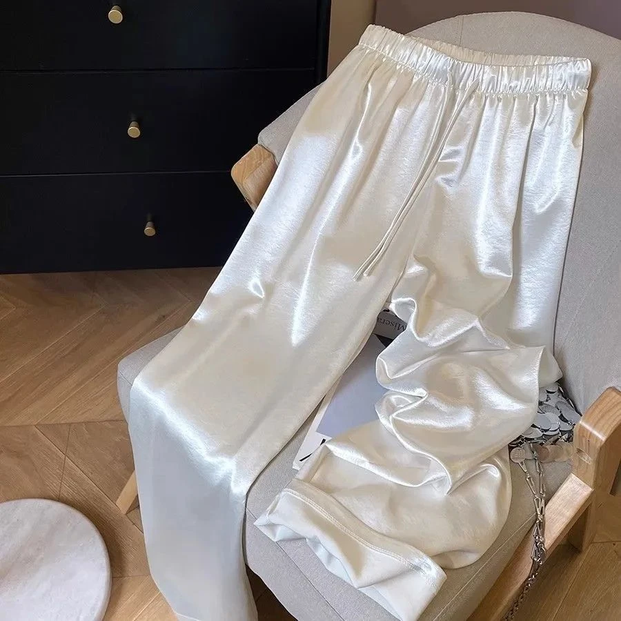 高级感醋酸缎面阔腿裤女夏季新款松紧高腰肌理感垂感休闲直筒长裤