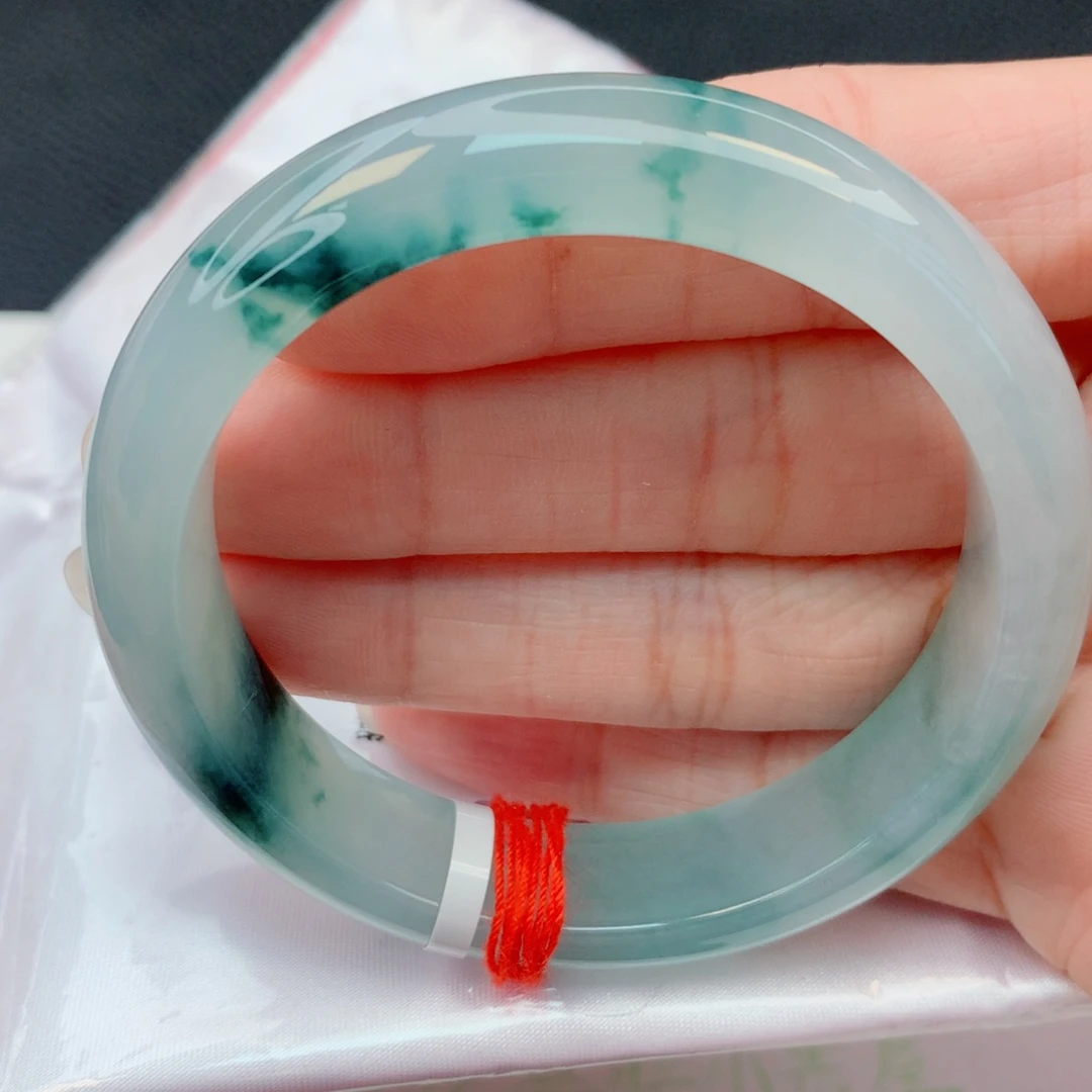 翡翠未镶嵌手镯53.6圈 冰种蓝底飘蓝花冰胶透