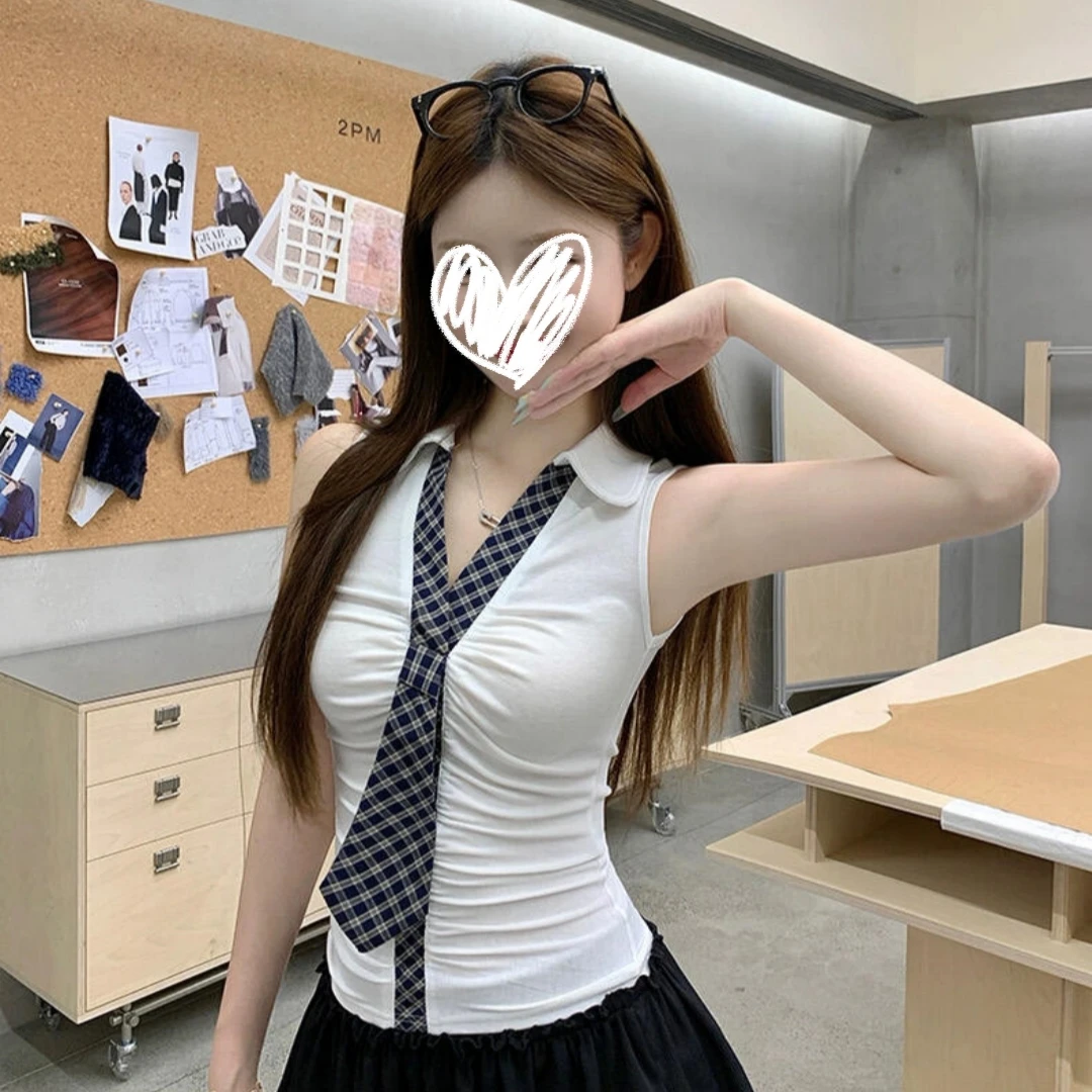 艺等白色拼接格子领带无袖背心吊带女夏季气质修身显瘦外穿上衣