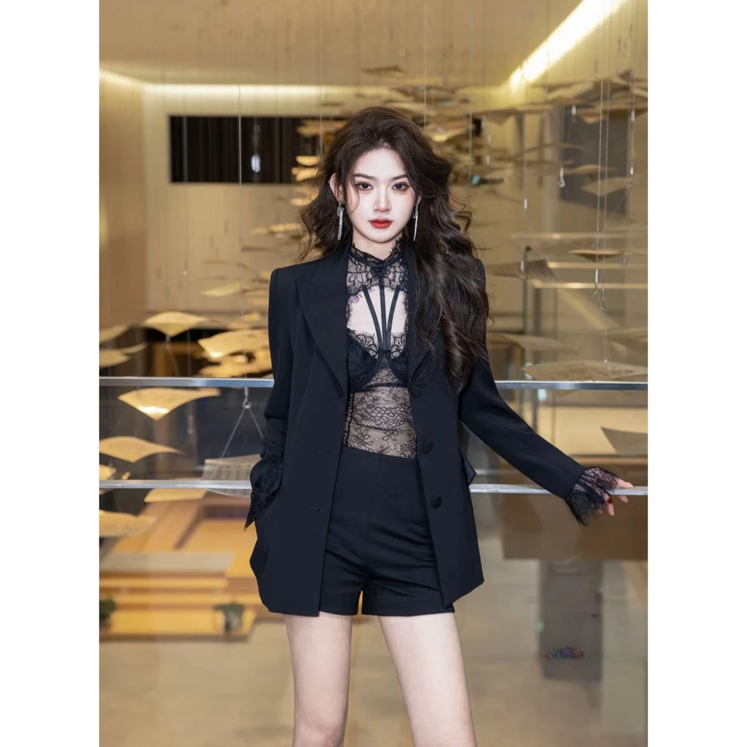 2025秋冬新款黑色蕾丝边西装外套御姐范时尚女神穿搭高级感套装
