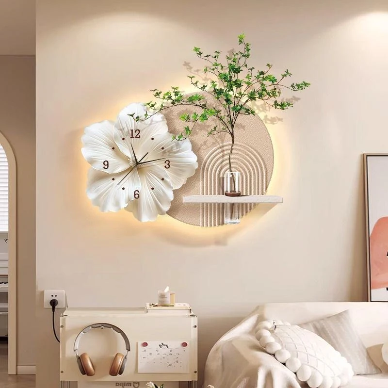 水培绿植餐厅装饰画奶油风立体砂岩壁灯画客厅背景墙钟表挂画