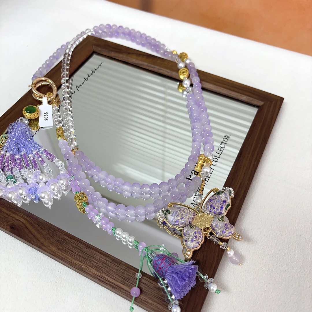 2055-宋锦紫藤花蝴蝶斜挎手机链