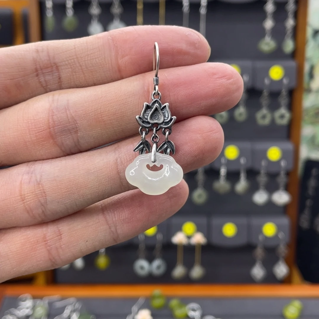 和田玉耳饰银S925镶嵌