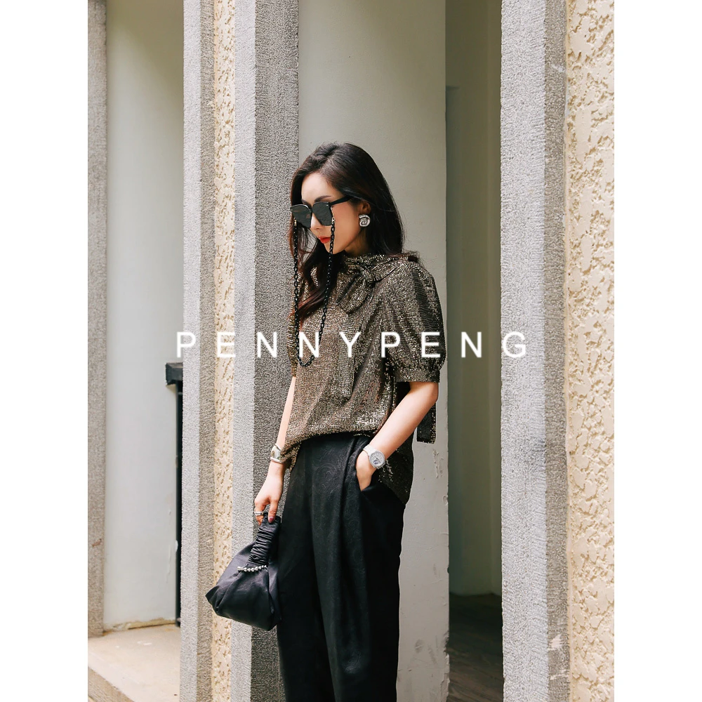 PENNYPENG巴黎旧梦春季气质高级百搭洋气奢华感丝丝衬衫短袖上衣