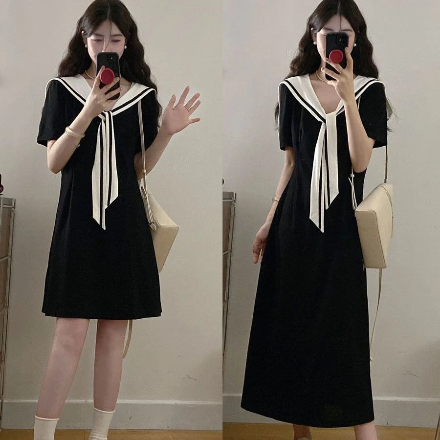 2025夏季新款小众时尚减龄大码欧若风海军领小黑裙显瘦短袖连衣裙