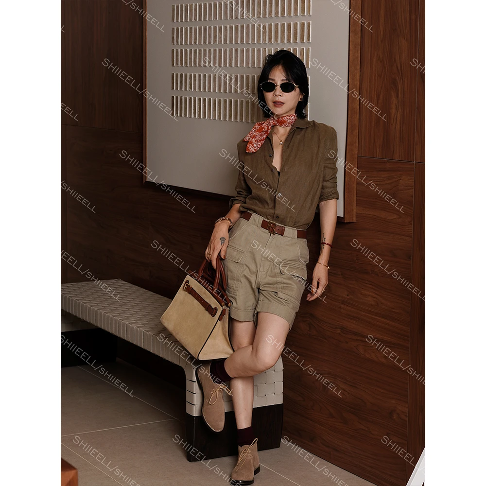 SHIIEELL老钱风定染亚麻衬衣女秋冬新款百搭长袖外穿衬衫ZA238