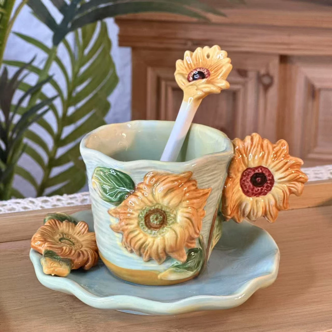 手绘釉下彩太阳花咖啡杯陶瓷杯盘茶杯水杯花茶杯配勺精致送礼