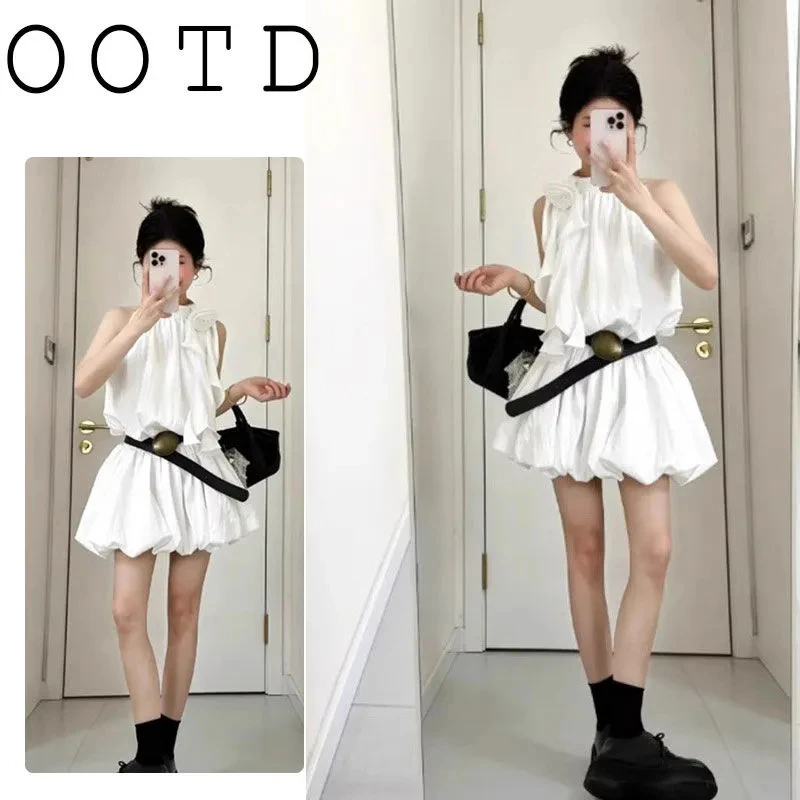 2025夏季穿搭微胖荷叶边立体连衣裙小个子收腰无袖背心蓬蓬短裙