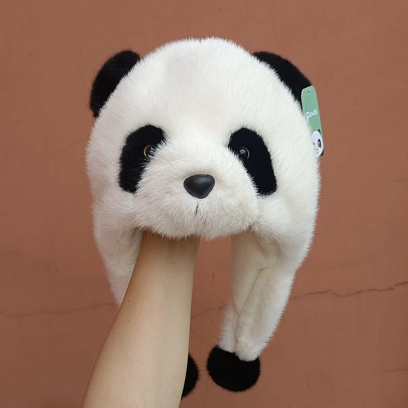熊猫吊耳帽网红花花貂毛亲子护耳成人冬季保暖基地款男童