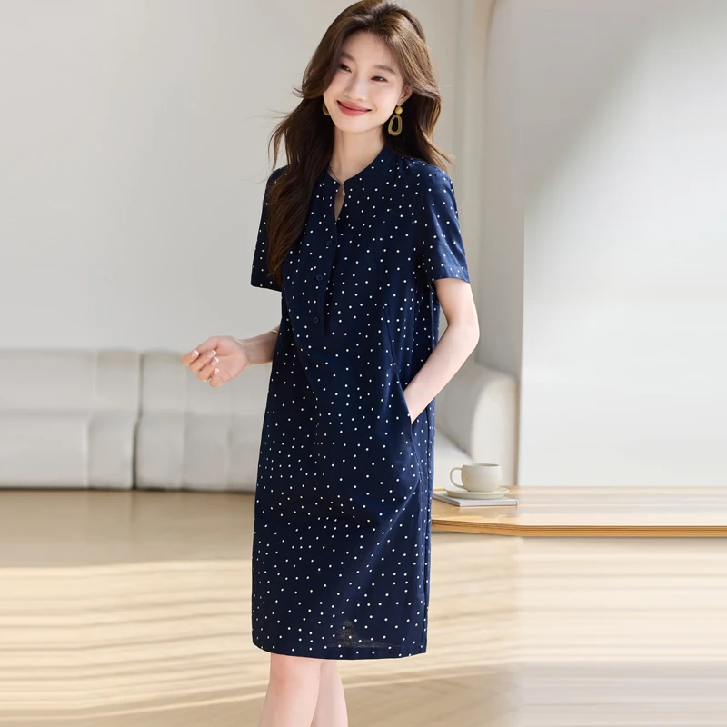时尚减龄短袖连衣裙女夏季2025新款宽松洋气休闲翻领衬衫波点裙子