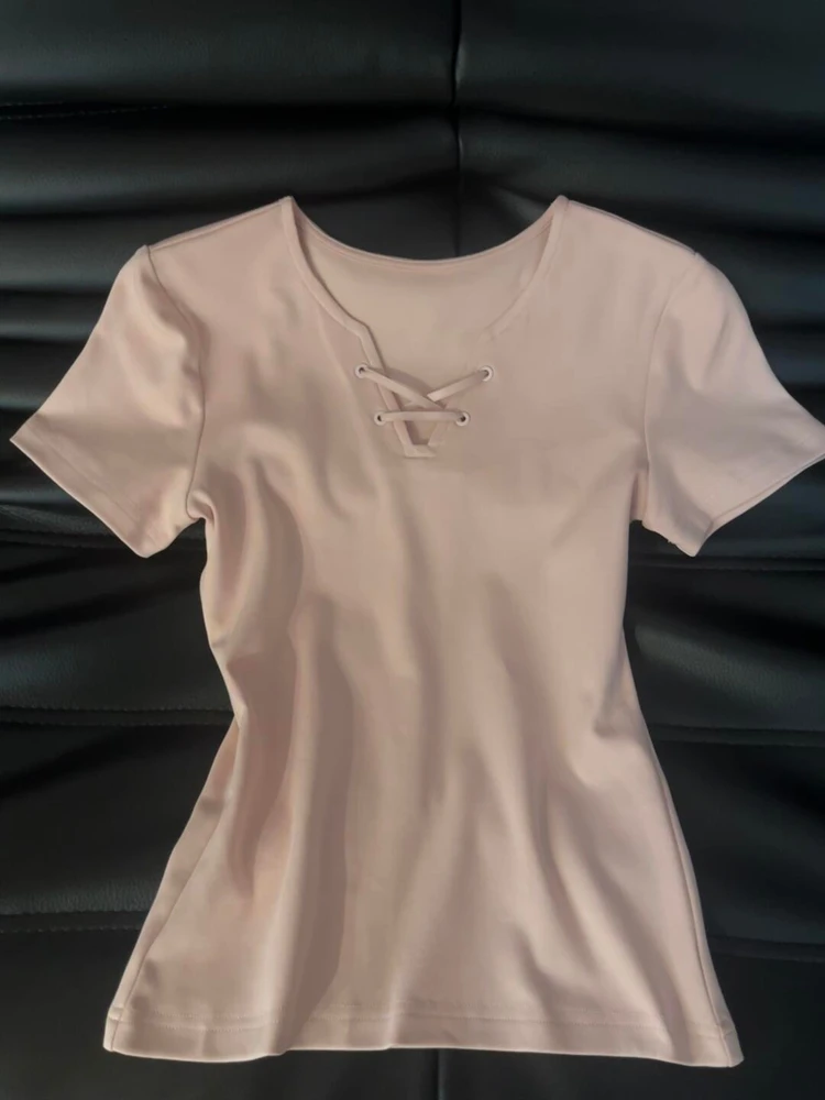 韩版v领系带设计感粉色上衣女2025夏季短袖T恤显瘦气质外穿小衫潮