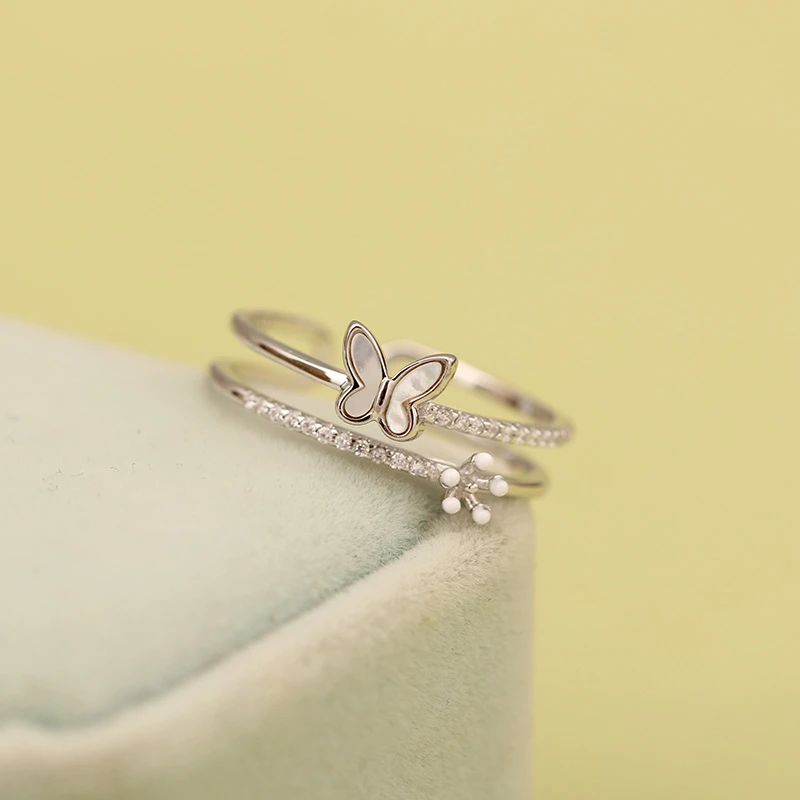 925银戒指 纯银双层蝴蝶戒指女开口甜美风