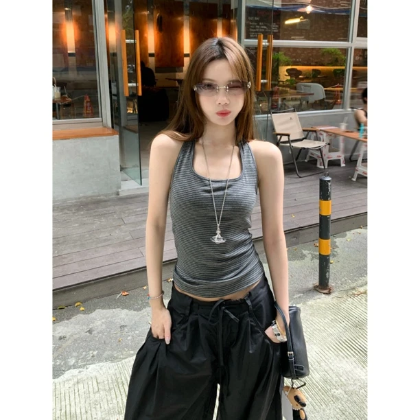 条纹公式~2025新款夏季带胸垫U领挂脖条纹修身显瘦吊带背心Y2839