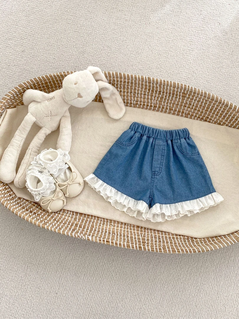 ins韩版女童牛仔短裤纯色蕾丝花边短裤