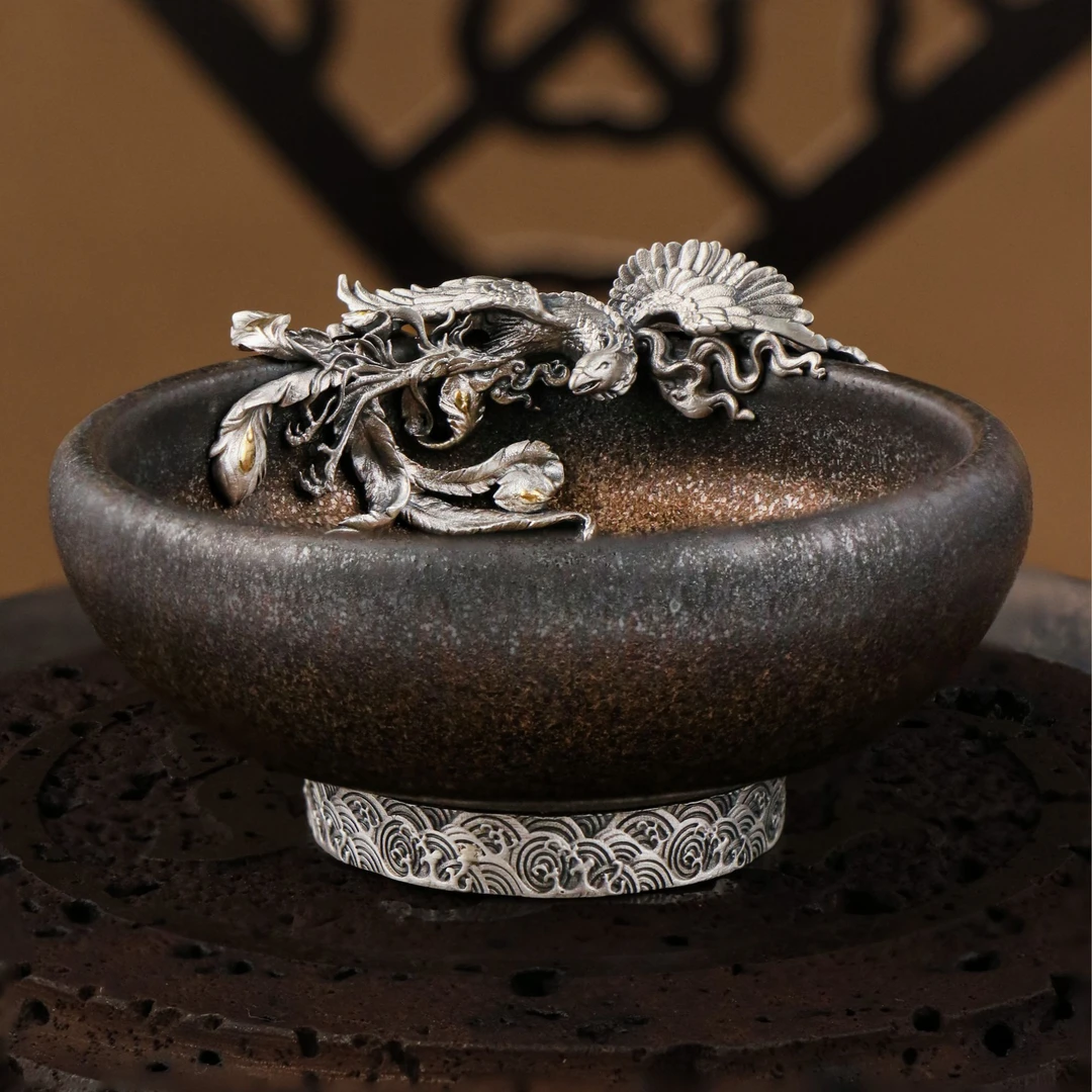 欲山行 足银999凤凰黑陶主人杯手工精致高端复古茶杯