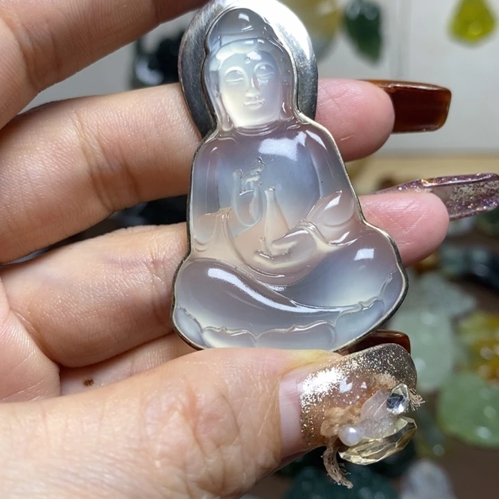 蛇纹石玉吊坠银S925镶嵌宁*臣