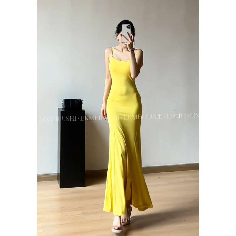 步步生莲黄色鱼尾吊带裙女连衣裙纯欲性感海边度假紧身包臀长裙