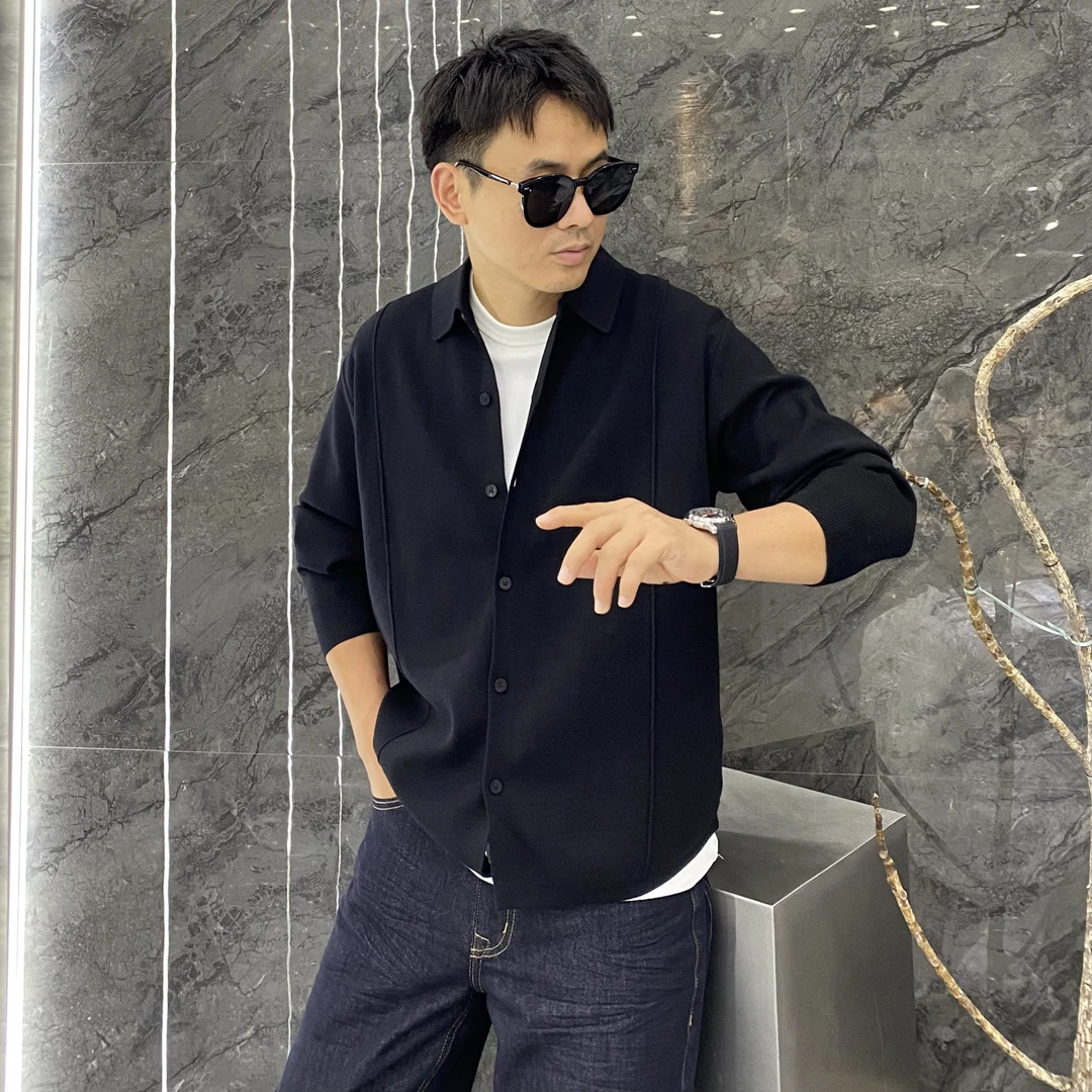 桑蚕丝羊毛混纺翻领衬衣式弧形下摆翻领修身针织开衫外套痞帅夹克