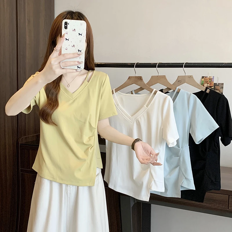 2025夏新胖mm大码女韩版镂空别致不规则短袖T恤五一旅游出街衣服