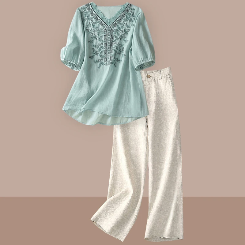 妈妈夏装洋气时尚亚麻套装女士高级感轻奢减龄苎麻刺绣衬衫两件套