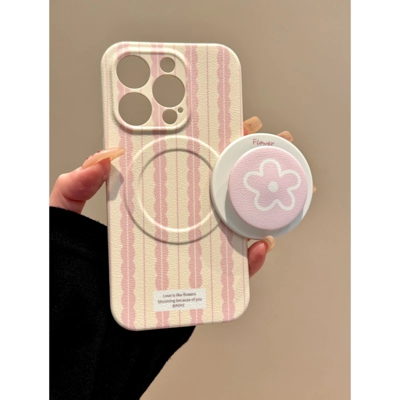适用苹果iphone16promax条纹花朵15pro磁吸14pro支架13皮纹手机壳