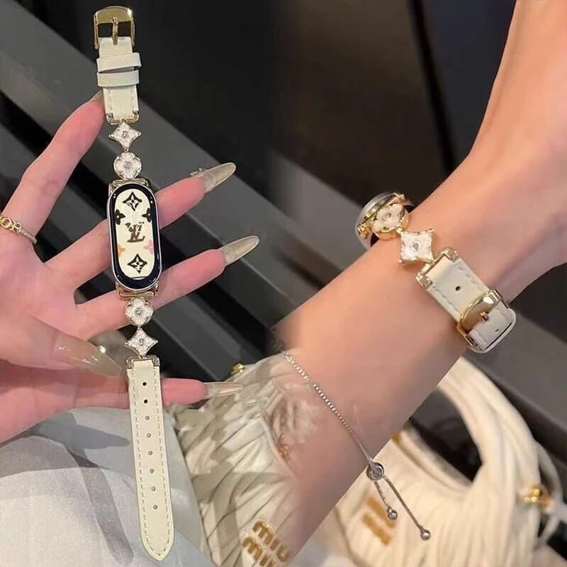 适用于小米手环98 千金感!锆石鎏金滴胶细闪老花拼接皮质细款表带