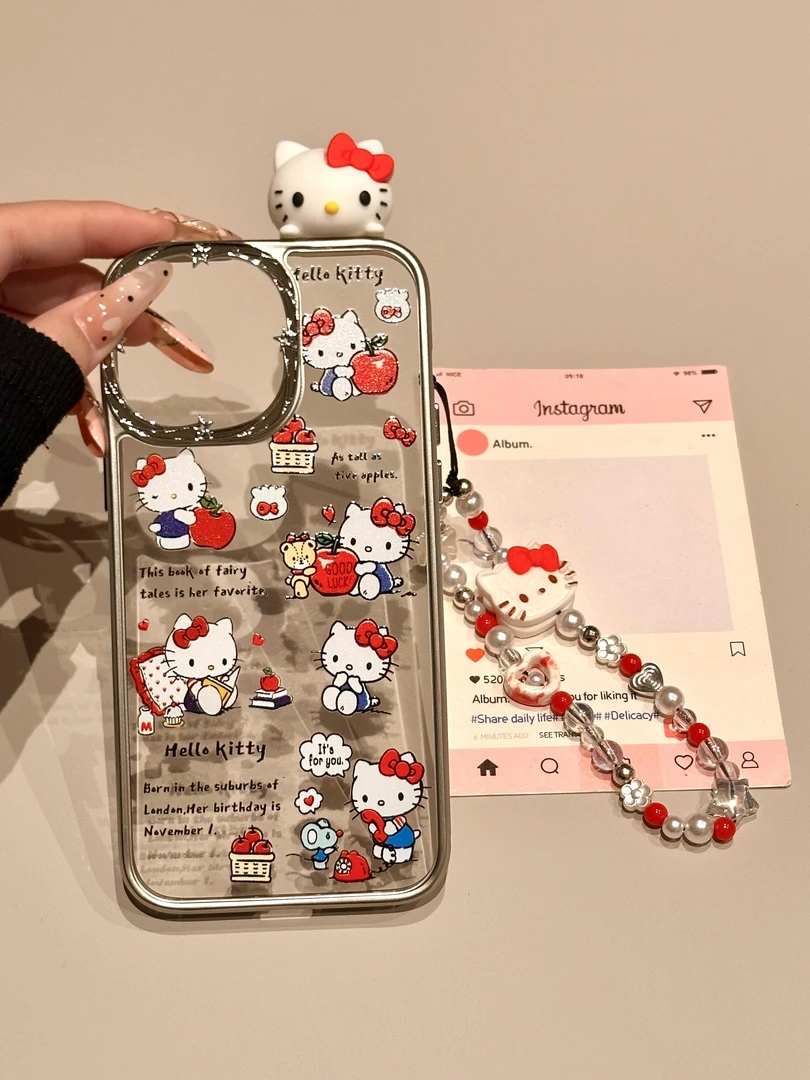 卡通可爱 红苹果KT猫镜面壳适用苹果16/15/14/13全包防摔手机壳