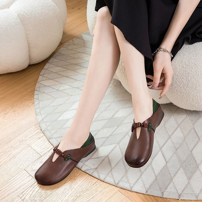 头层牛皮女鞋子春秋款2025平底妈妈鞋防滑大码真皮软底牛筋底单鞋