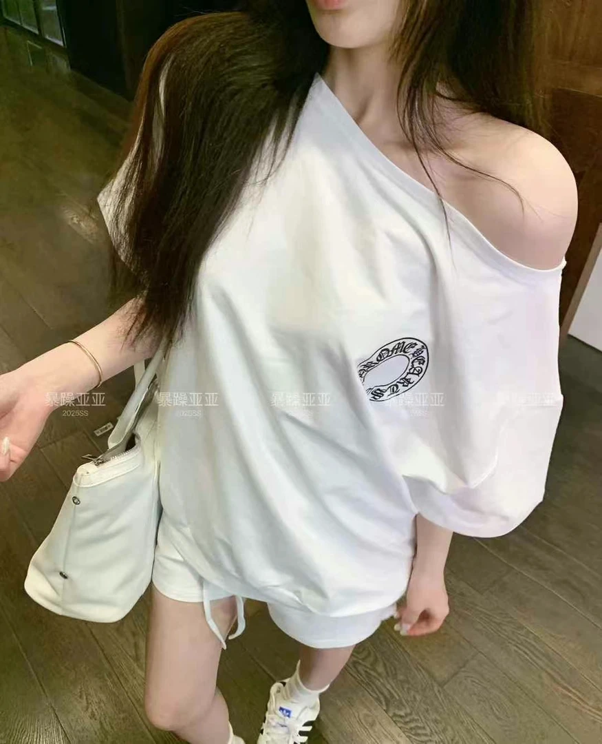 纯欲名媛风纯棉梵文字母印花斜肩设计短袖T恤女宽松显瘦上衣9169