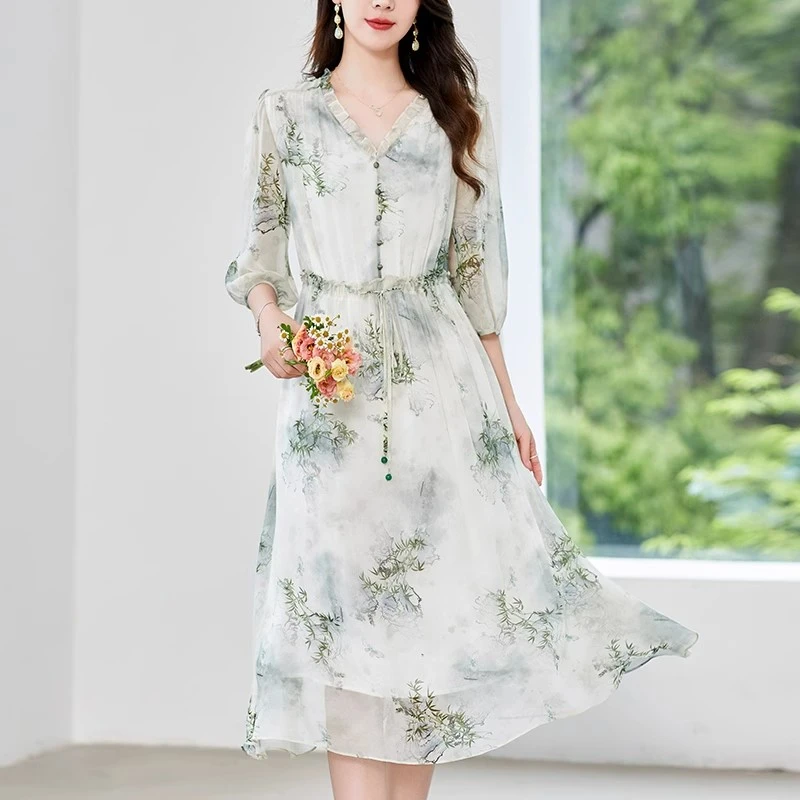 高端大牌桑蚕丝连衣裙女气质新款夏季宽松杭州新中式复古真丝裙子