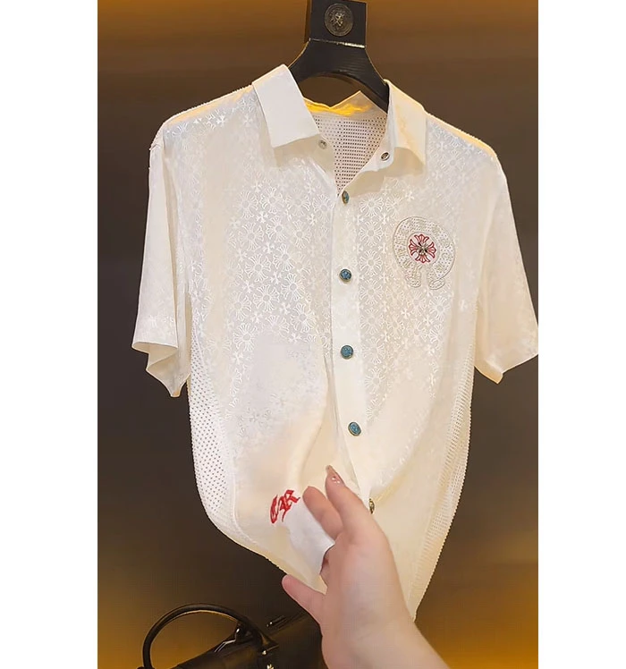 欧洲站顶奢高定大牌男装衬衫2025夏季新款设计感刺绣网孔POLO衫潮