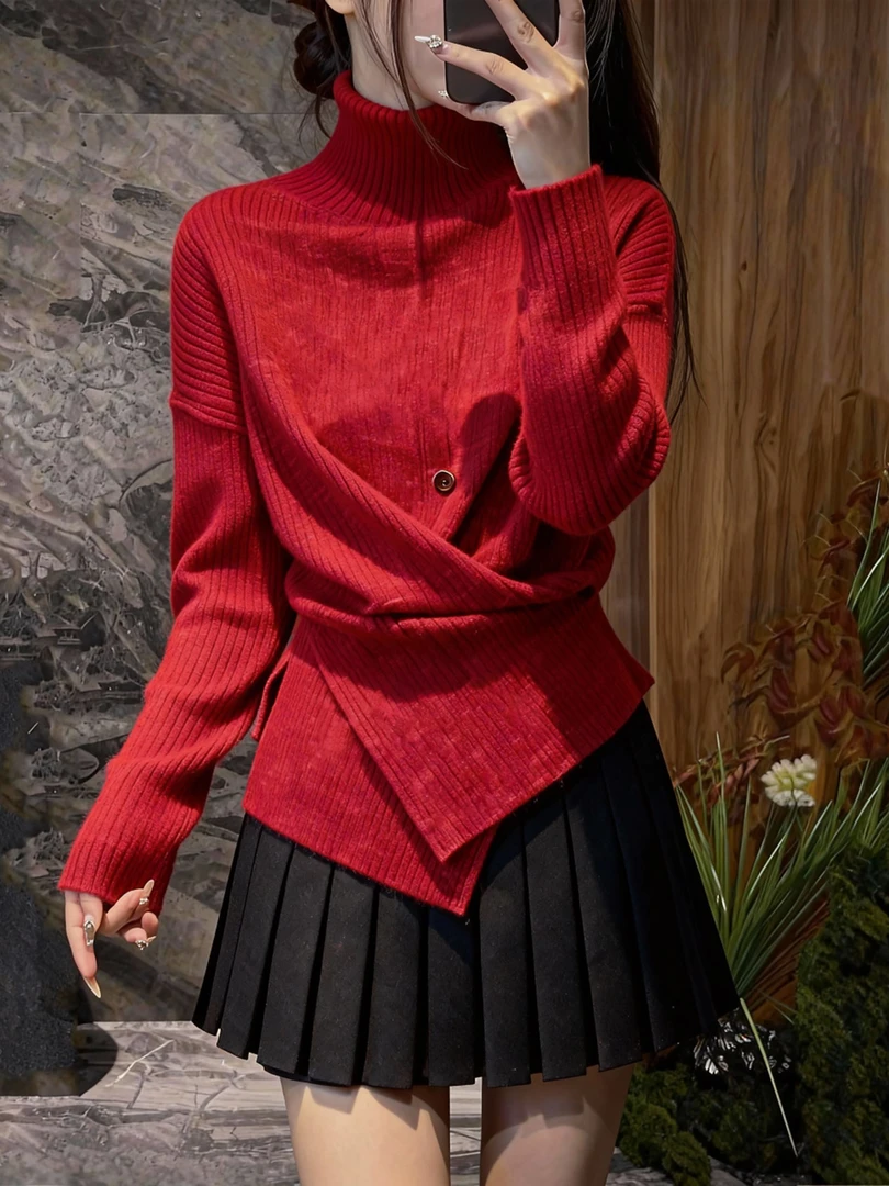 红色高领圣诞毛衣不规则下摆2025冬女新款针织衫修身气质堆褶上衣