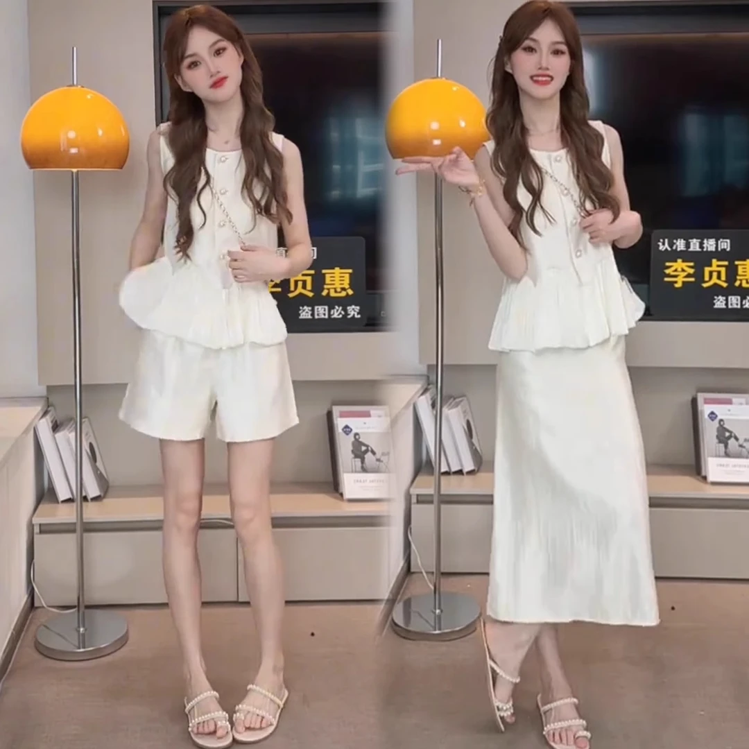 时尚气质套装女2025夏季新款洋气显瘦拼接无袖上衣半身裙两件套潮